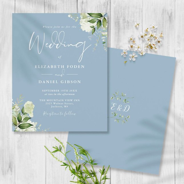 Convite de Casamento Budget Greenery Azul Empoeira (Criador carregado)