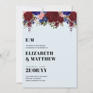 Convite de casamento buquê Borgonha Rosa Azul