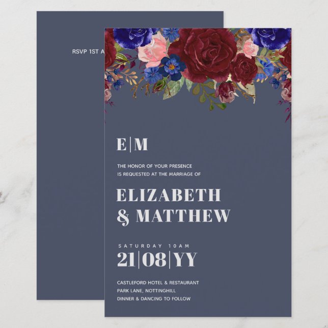 Convite de casamento buquê Borgonha Rosa Azul (Frente/Verso)