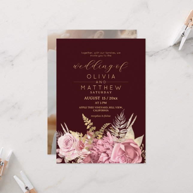 Convite de casamento Burgundy Blush Dusty Rose ⎮ F (Frente/Verso In Situ)