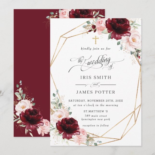 Convite de Casamento Burgundy Blush Pink Floral Ig (Frente/Verso)