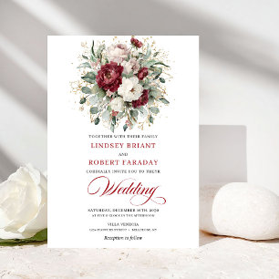 Convite de Casamento Burgundy Branco Floral Elegan