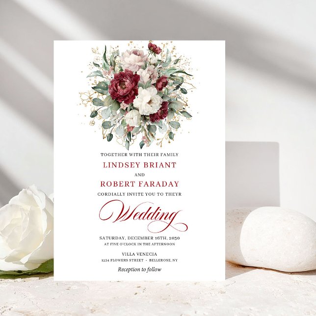 Convite de Casamento Burgundy Branco Floral Elegan (Elegant Burgundy White Floral Gold Wedding Invitation)