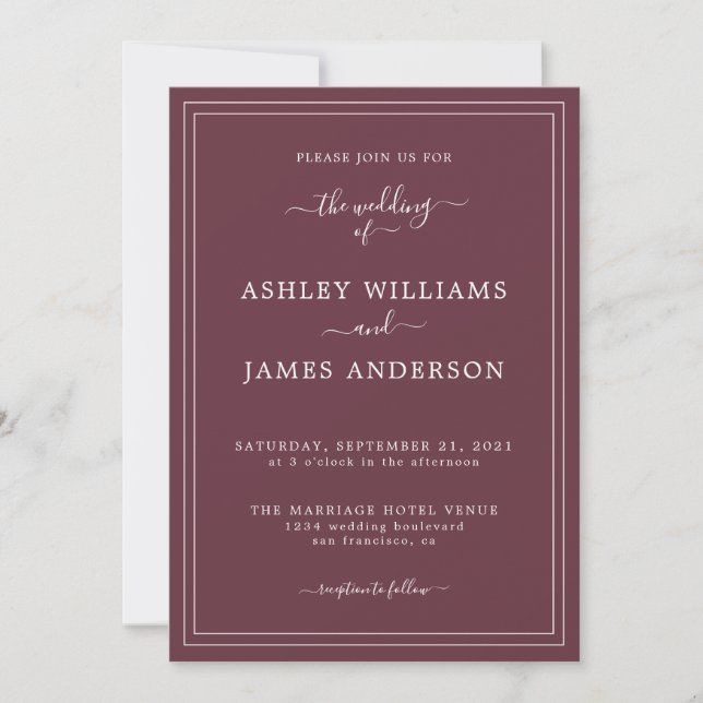 Convite de casamento burgundy Chic Script (Frente)