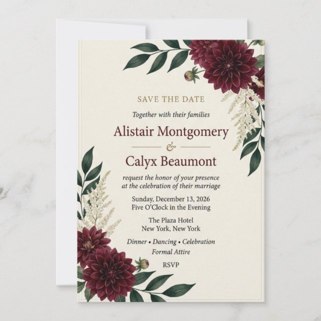 Convite de casamento Burgundy Dahlia & Astilbe Bot (Frente)