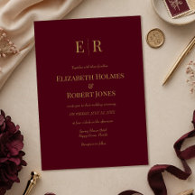 Convite de Casamento Burgundy Dourado com Monogram