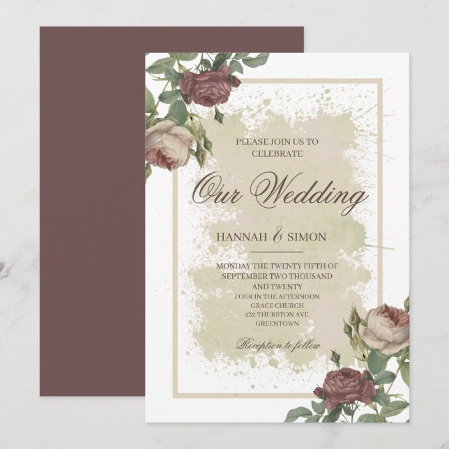Convite de Casamento Burgundy e Dourado | Minimali (Frente/Verso)