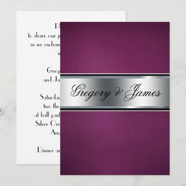 Convite de Casamento Burgundy e Prata Elegante, (Frente/Verso)