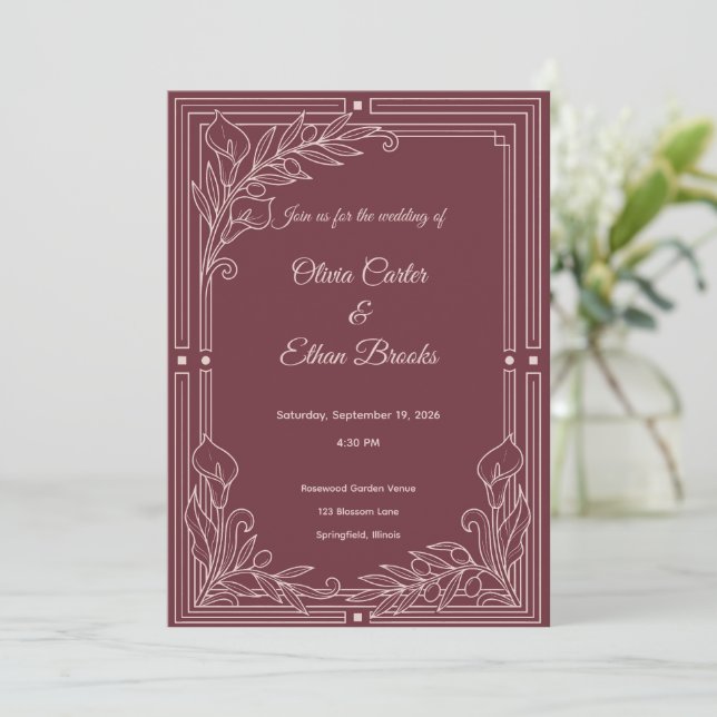 Convite de Casamento Burgundy Elegante (Em pé/Frente)