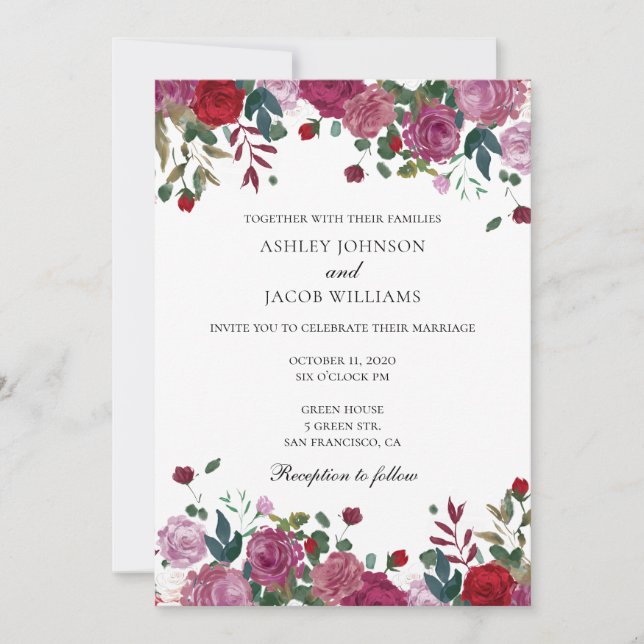 Convite de casamento burgundy. Flor roxa e vermelh (Frente)