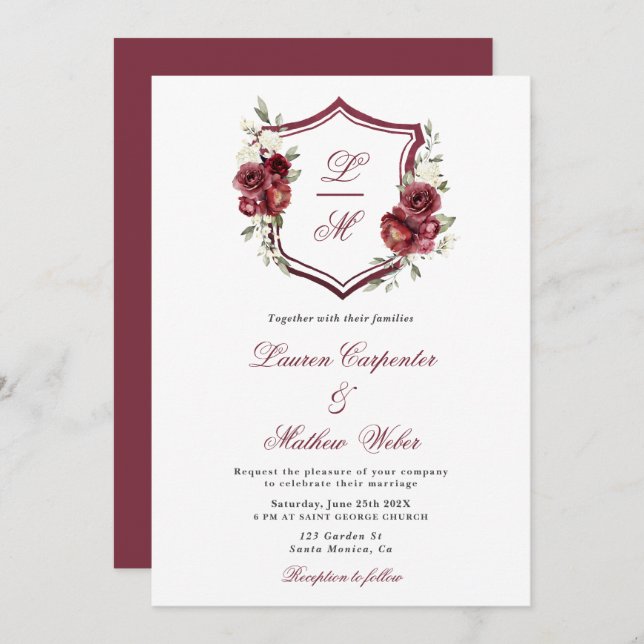 Convite de casamento Burgundy Floral Crest (Frente/Verso)