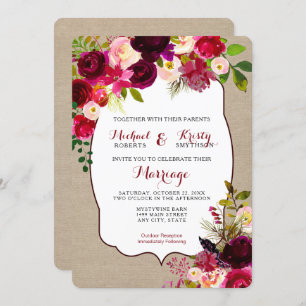 Convite de casamento, burgundy floral rustic 3979