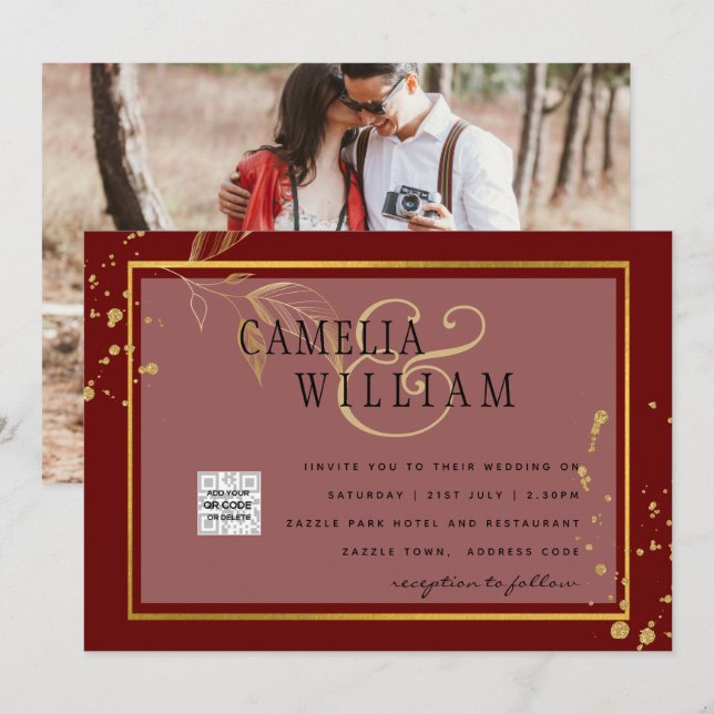 Convite de Casamento Burgundy FOTO Código QR Salva (Frente/Verso)