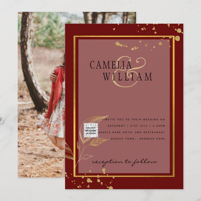 Convite de Casamento Burgundy FOTO Código QR Salva (Frente/Verso)