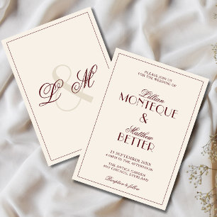 Convite de Casamento Burgundy Frame Initial Quiet 