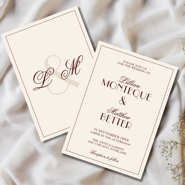Convite de Casamento Burgundy Frame Initial Quiet  (Criador carregado)