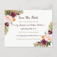 Convite de casamento Burgundy Gold Floral Glitter