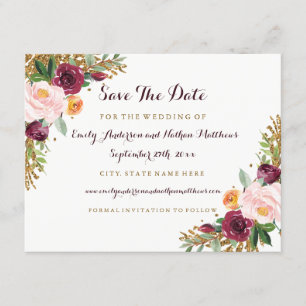 Convite de casamento Burgundy Gold Floral Glitter 