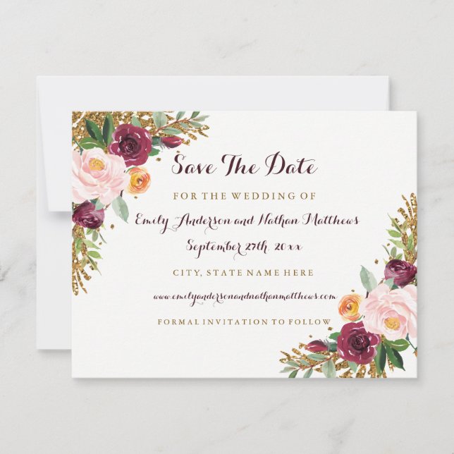 Convite de casamento Burgundy Gold Floral Glitter  (Frente)