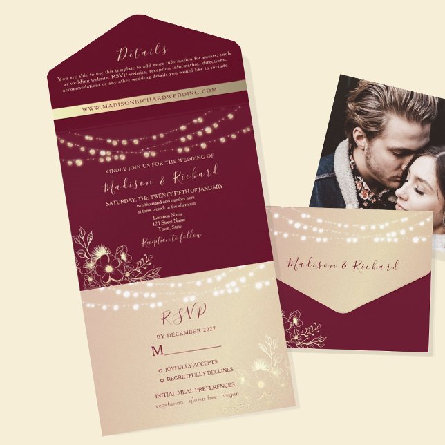 Convite de Casamento Burgundy Gold Tudo-em-Um (Criador carregado)