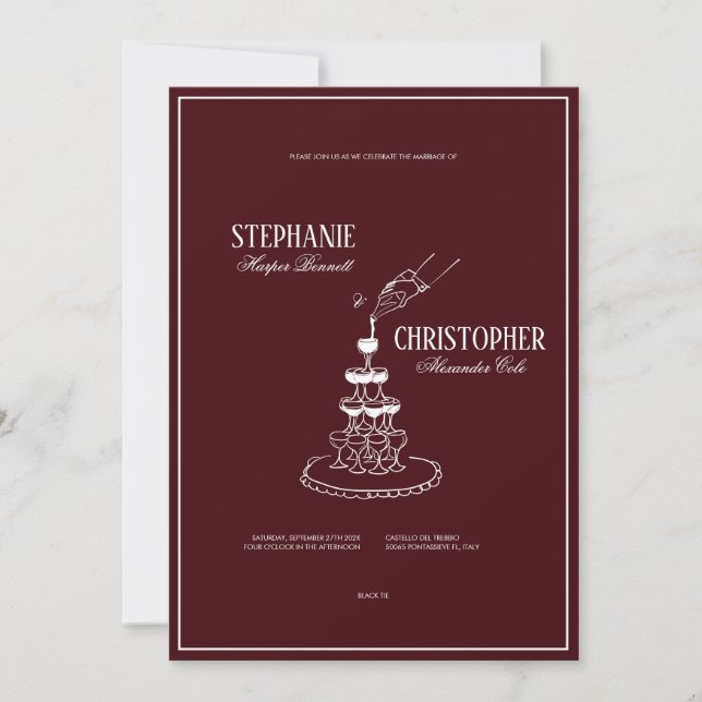 Convite de Casamento Burgundy Moderno Retro (Frente)