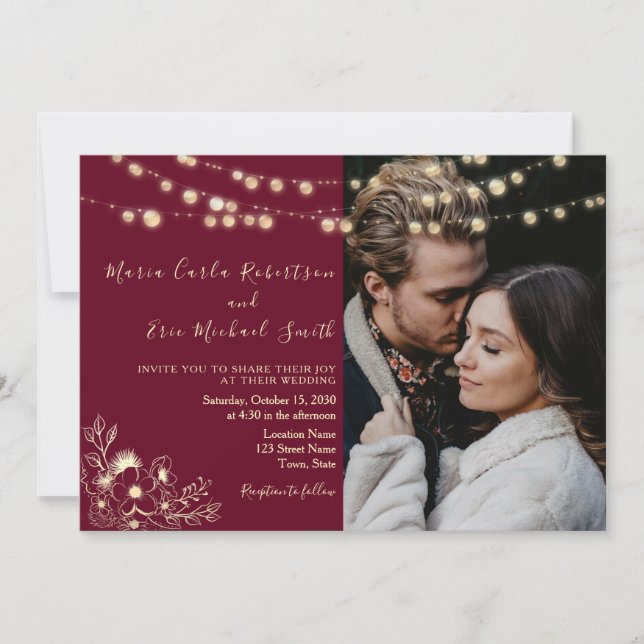 Convite de Casamento Burgundy Photo All-in-One (Frente)