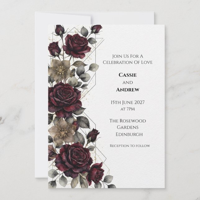 Convite de Casamento Burgundy Rose Eucalyptus (Frente)