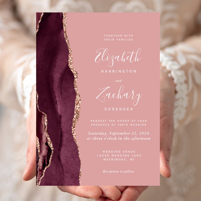 Convite de Casamento Burgundy Rose Gold Ágata Rosa (Criador carregado)