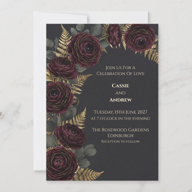 Convite de Casamento Burgundy Rose Gold Fern (Frente)