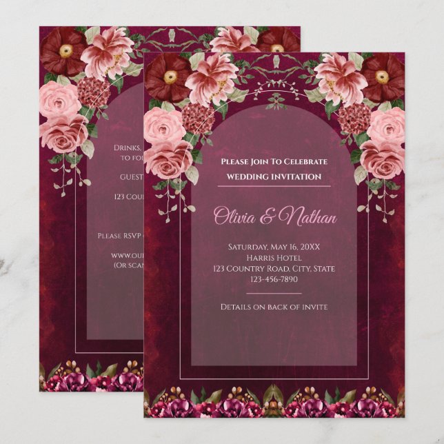 Convite de Casamento Burgundy Sombrio e Rosa Poeir (Frente/Verso)