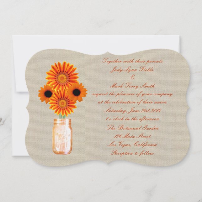 Convite De Casamento Burlap Rustic Orange Mason Ja (Frente)