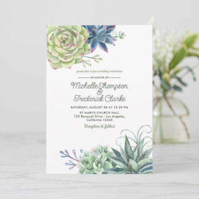 Convite de Casamento Cacto Suculentas Deserto Aqua (Em pé/Frente)
