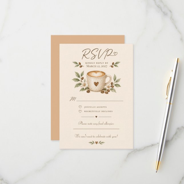 Convite de Casamento Café com Canecas e Grãos de C (Frente/Verso In Situ)