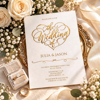 Convite de Casamento Caligrafia Coração Dourado