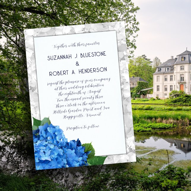 Convite de Casamento Camadas Hortênsia Azul Enquad (Criador carregado)