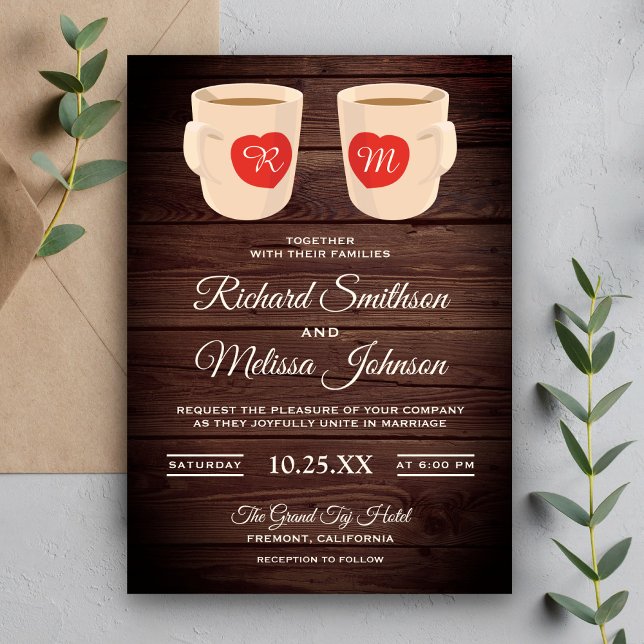 Convite de Casamento Canecas de Café Fofo Madeira  (Criador carregado)