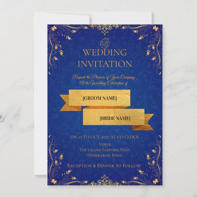 Convite de Casamento Canto Dourado e Azul Real | (Frente)