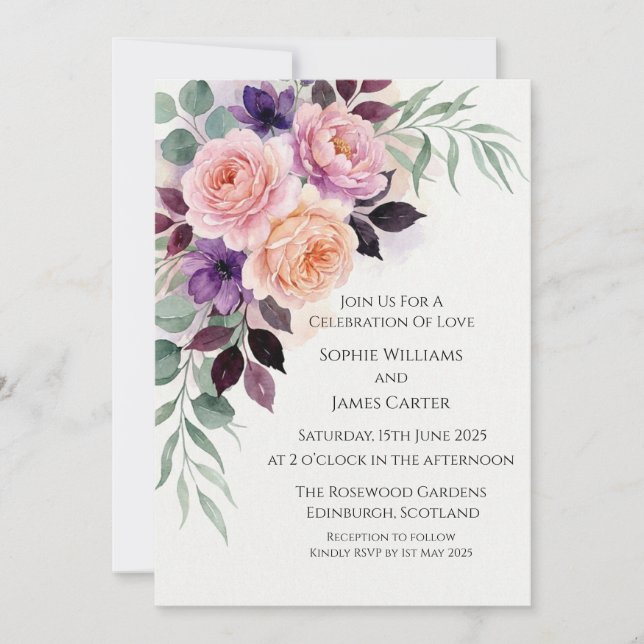 Convite de Casamento Canto Rosa Plum (Frente)