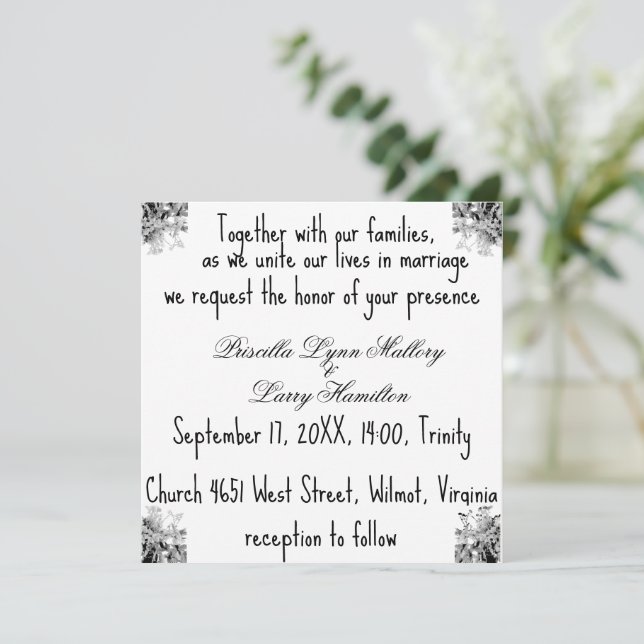 Convite de Casamento Cantos de Flores Preto e Bran (Em pé/Frente)