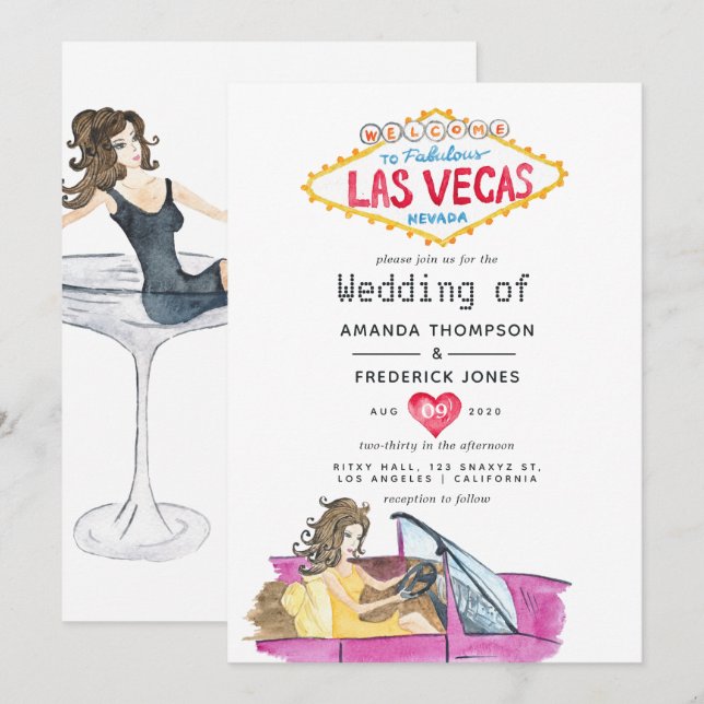 Convite de Casamento Caprichoso em Las Vegas (Frente/Verso)