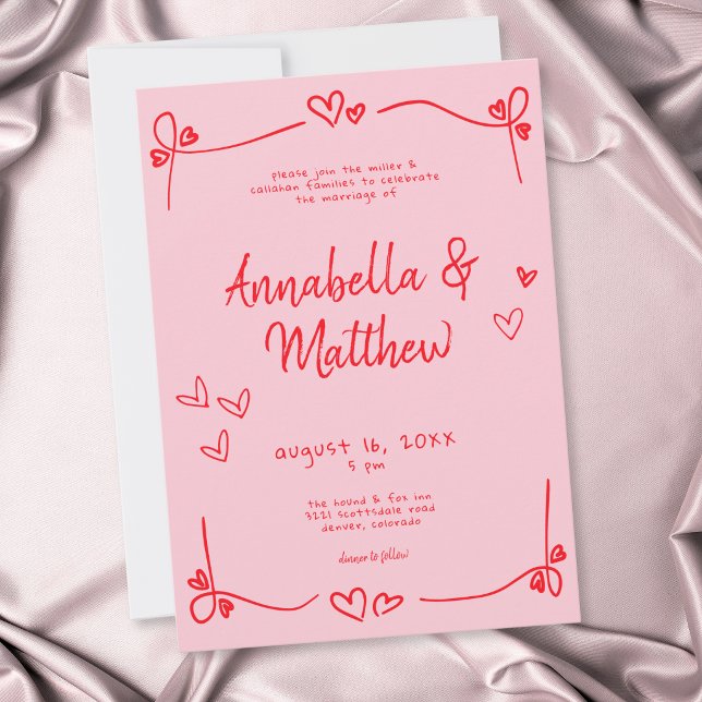 Convite de Casamento Caprichoso Moderno com Coraçã (Pink Hand Drawn Heart Whimsical Modern Wedding Invitation)