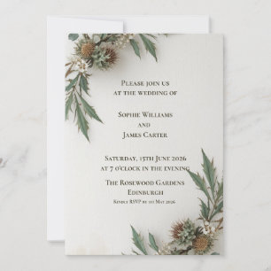 Convite de Casamento Cardo Botânico   Verde Branco