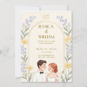 Convite de Casamento Casal Floral Azul Vinca