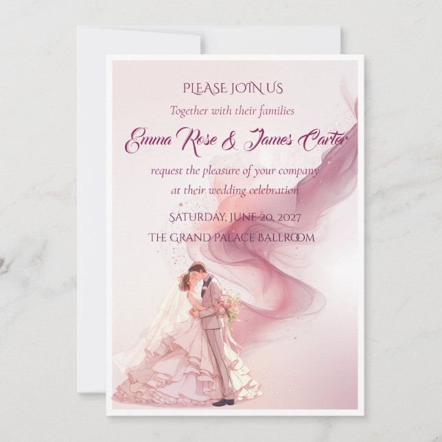 Convite de Casamento Casal Fumaça Rosa Elegante (Frente)