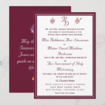 Convite de Casamento Católico Burgundy Two Hearts