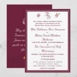 Convite de Casamento Católico Burgundy Two Hearts