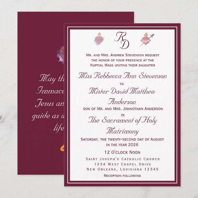 Convite de Casamento Católico Burgundy Two Hearts (Frente/Verso)
