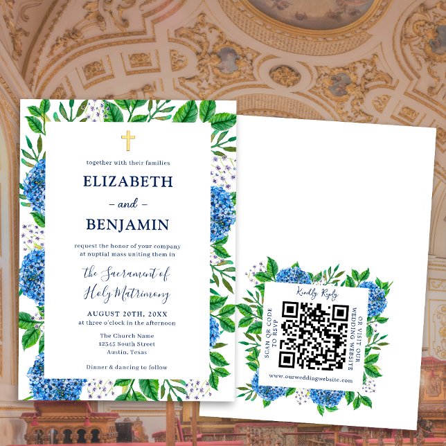 Convite de Casamento Católico Código QR Hortênsias (Criador carregado)