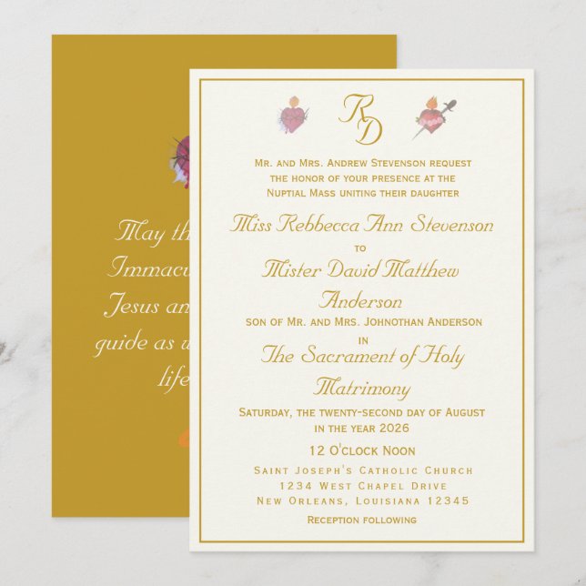 Convite de Casamento Católico Cream/Ocre Dois Cora (Frente/Verso)