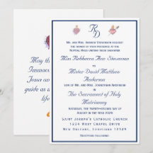 Convite de Casamento Católico Dois Corações Azul-N